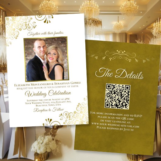 Invitation Elegant Gold & White Photo & QR Code Mariage
