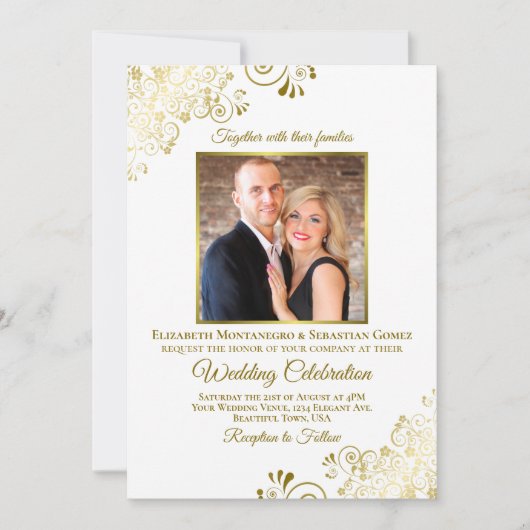 Invitation Elegant Gold & White Photo & QR Code Mariage (Devant)
