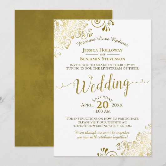Invitation Elégant Gold & White Virtual Mariage Livestream (Devant / Derrière)