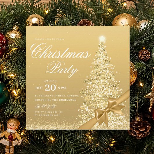 Invitation Elegant Gold Winter Christmas Tree Bow 