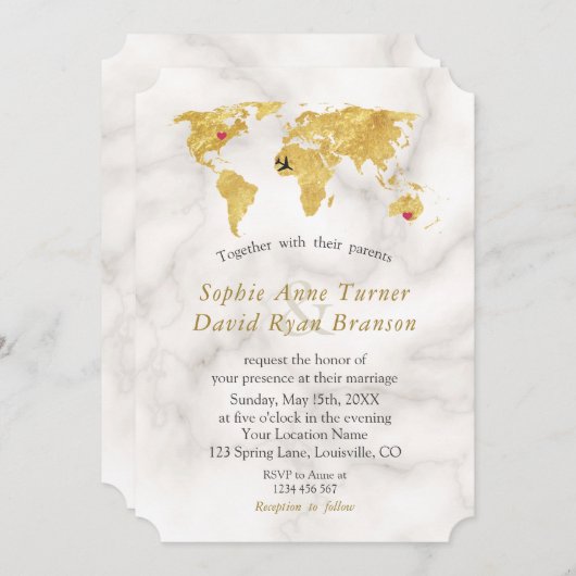 Invitation Elégant Gold World Map Destination Mariage (Devant / Derrière)