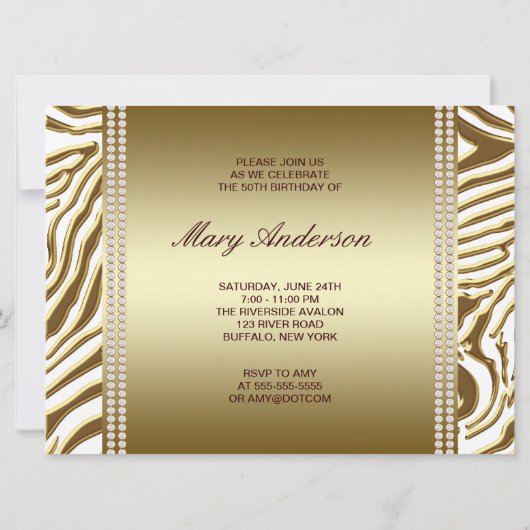 Invitation Elégant Gold Zebra 50e fête d'anniversaire (Dos)