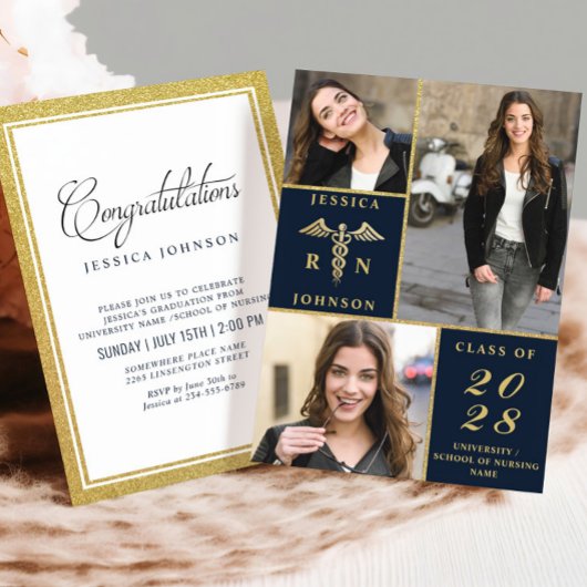 Invitation Elégant Golden 3 PHOTO Soins infirmiers fête de gr