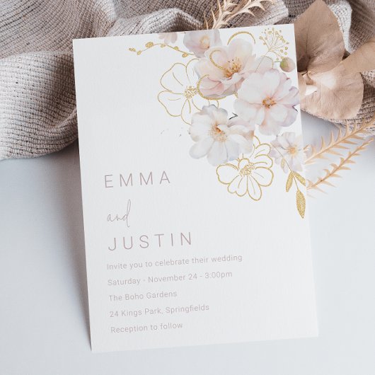 Invitation Élégant Golden Blush Botanical Fleur sauvage Maria