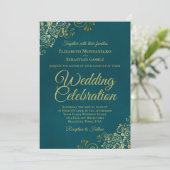 Invitation Elegant Golden Curls on Teal QR Code Wedding (Debout devant)