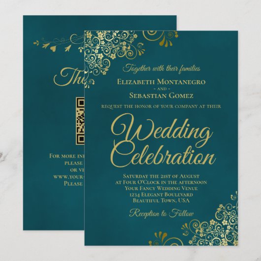 Invitation Elegant Golden Curls on Teal QR Code Wedding (Devant / Derrière)