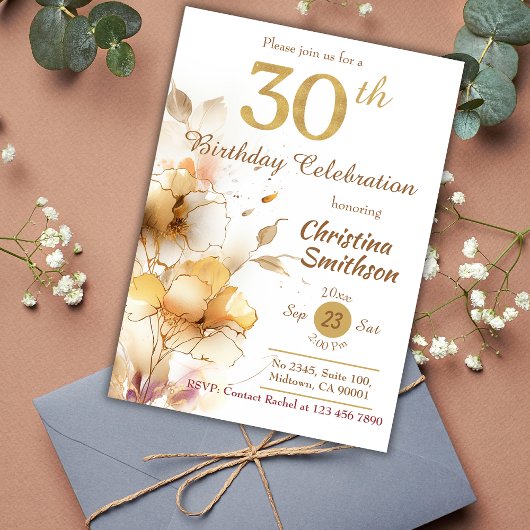 Invitation Elégant Golden Floral Sparkle moderne 30e annivers