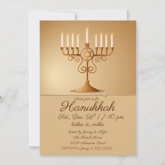Invitation Elégant Golden Menorah Hanoukka Party (Devant)