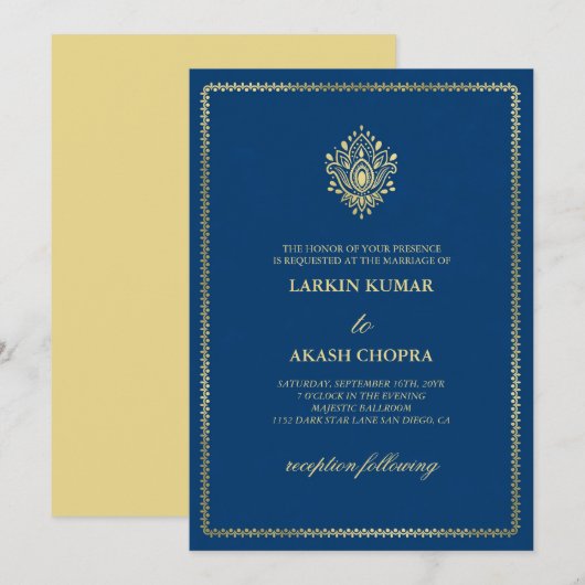 Invitation Elégant Golden Paisley Dodger Mariage bleu (Devant / Derrière)