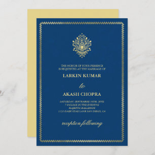 Invitation Elégant Golden Paisley Dodger Mariage bleu