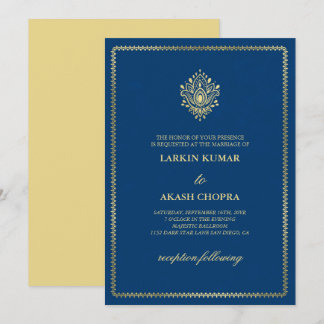 Invitation Elégant Golden Paisley Dodger Mariage bleu
