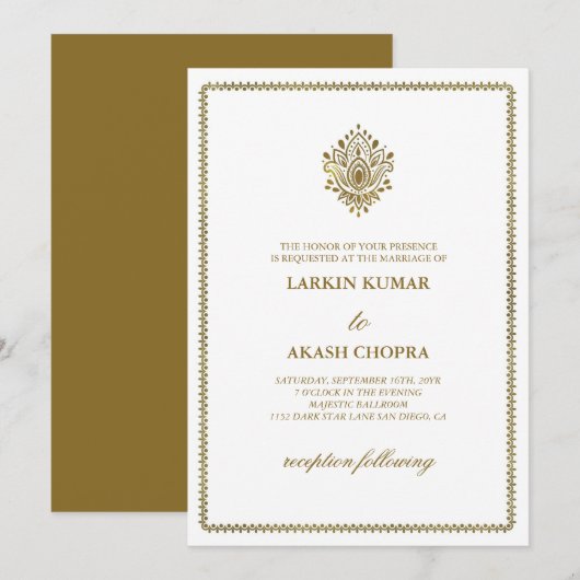 Invitation Elégant Golden Paisley Mariage blanc (Devant / Derrière)