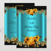 Invitation Elégant Golden Turquoise Blue Yellow Roses Anniver (Devant / Derrière)