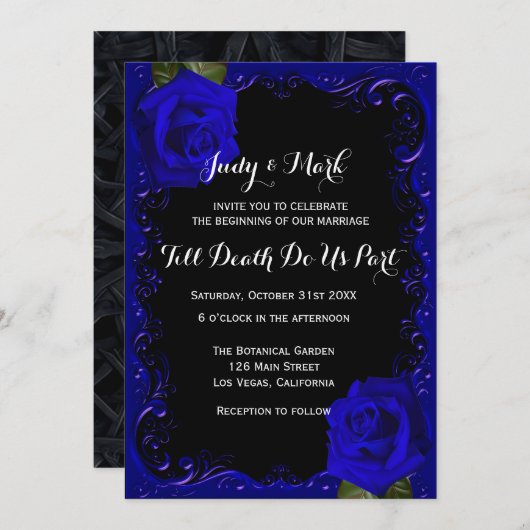 Invitation Élégant Goth Blue Rose Mariage (Devant / Derrière)
