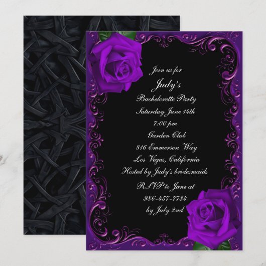 Invitation Élégant Goth Purple Rose Bachelorette Party (Devant / Derrière)