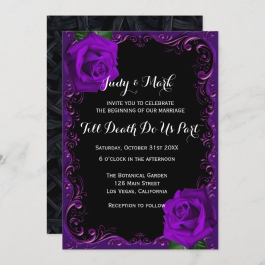 Invitation Élégant Goth Purple Rose Mariage (Devant / Derrière)