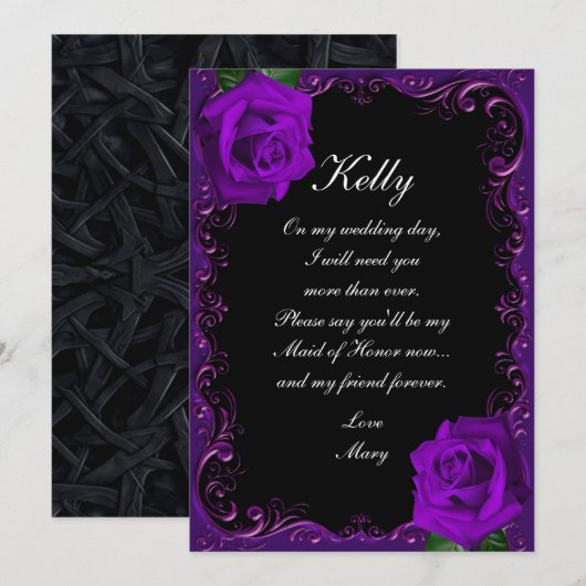Invitation Élégant Goth Purple Roses Maid Of Honor (Devant / Derrière)