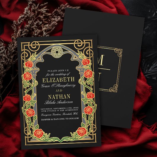 Invitation Elegant Gothic Roses Cathedral Frame Wedding