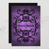 Invitation Élégant gothique damassé violet et noir parti (Devant / Derrière)