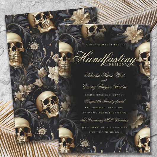 Invitation Elégant Gothique Or Crânes Florales Handfasting