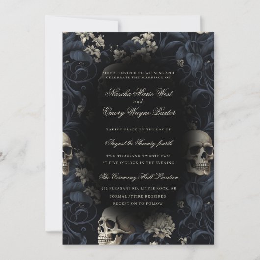 Invitation Elégant Gothique Skulls & Fleurs Mariage (Devant)