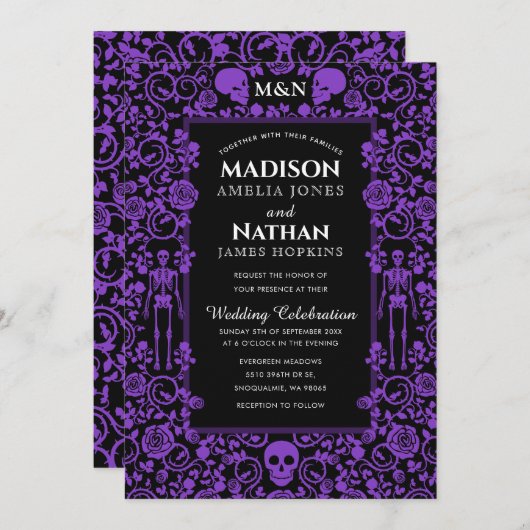 Invitation Élégant gothique victorien violet et Mariage noir (Devant / Derrière)