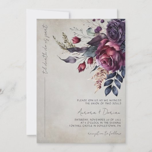 Invitation Elégant gothique violet Mariage floral (Devant)