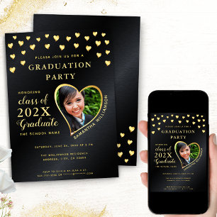 Invitation Elégant Grad Photo noir et or Graduation