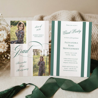 Invitation Elegant Grad Script French Stripe Photo Graduation