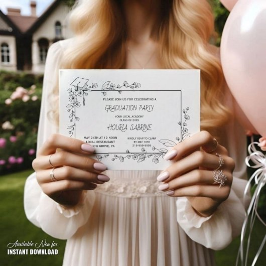 Invitation Elégant Graduation Bordure florale noire et blanch