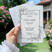 Invitation Elégant Graduation Bordure florale noire et blanch