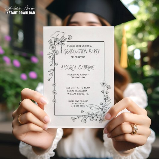 Invitation Elégant Graduation Bordure florale noire et blanch