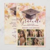Invitation Elegant Graduation Cap 5-Photo Collage Floral (Devant / Derrière)