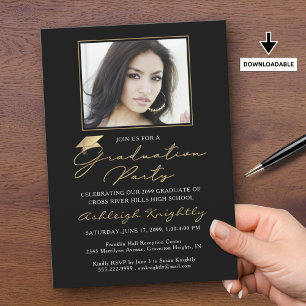 Invitation Élégant Graduation One Photo Black Gold Script Cas