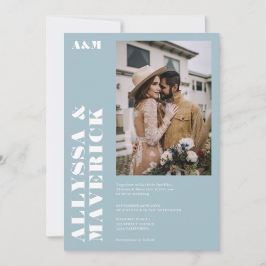 Invitation Élégant Gras simple blanc glace bleu mariage photo (Devant)