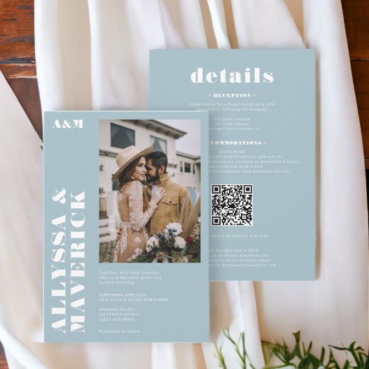 Invitation Élégant Gras simple blanc glace bleu mariage photo