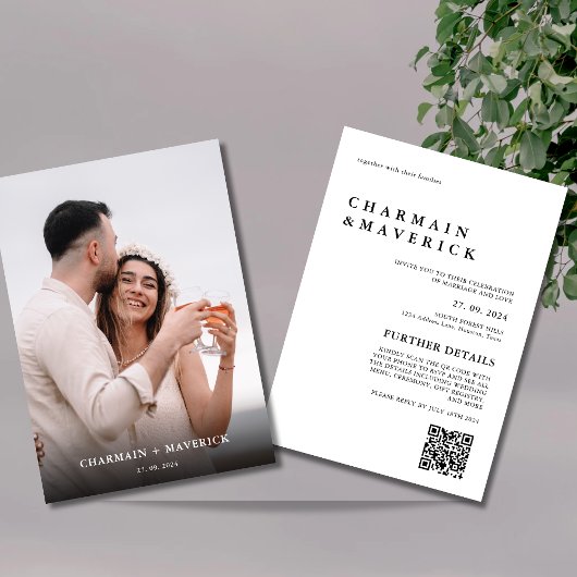 Invitation Élégant Gras Typo Photo QR Code Mariage