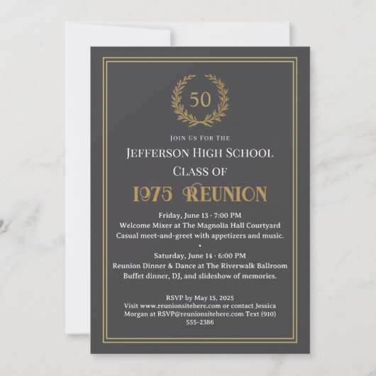 Invitation Elegant Gray 50 Year Class Reunion Laurel Wreath (Devant)