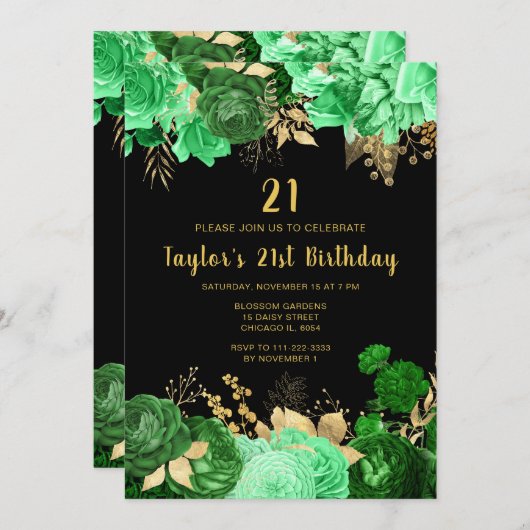 Invitation Elegant Green and Gold Flowers Birthday Party (Devant / Derrière)