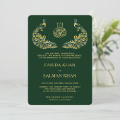 Invitation Elegant Green and Gold Peacock Islamic Wedding (Debout devant)