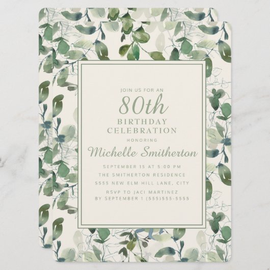 Invitation Elégant Green Eucalyptus Feuille 80e anniversaire (Devant / Derrière)