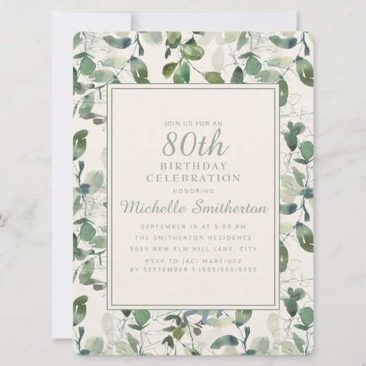 Invitation Elégant Green Eucalyptus Feuille 80e anniversaire (Devant)