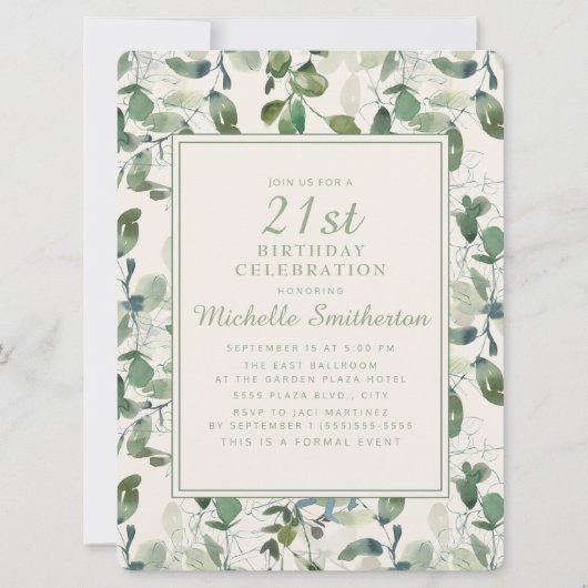 Invitation Elégant Green Eucalyptus Feuilles 21e anniversaire (Devant)