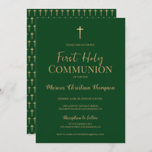 Invitation Elégant Green Gold Cross Garçon Première communion
