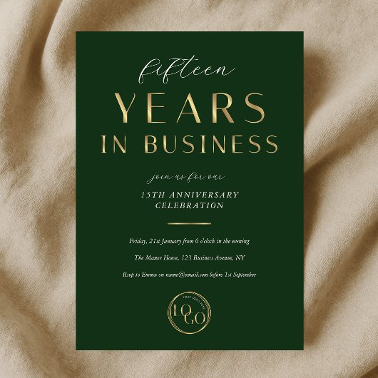 Invitation Elegant Green & Gold Logo Business Anniversary