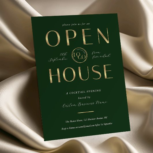 Invitation Elegant Green & Gold Logo Business Open House