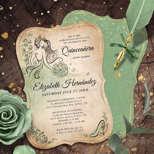 Invitation Elegant Green Gold Princess Quinceanera Birthday