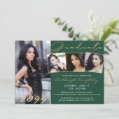 Invitation Élégant Green Gold Script 4 Photo Graduate (Debout devant)