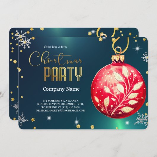 Invitation Elégant Green Magical Christmas, Ornements rouges (Devant / Derrière)