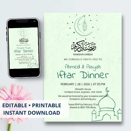Invitation Elegant Green Mint Crescent Mosque Iftar Dinner